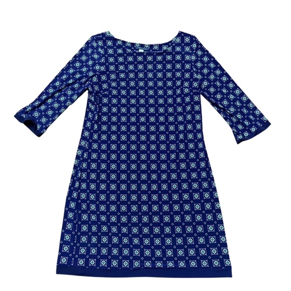 Tommy Hilfiger Geometric Print Sheath 3/4 Sleeve Knit Dress Size 12 Navy Boxy - Picture 1 of 9